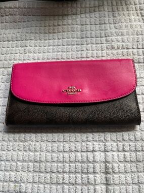 Coach Hot Pink and Classic Logo Leather Slim Envelope Trifold Wallet